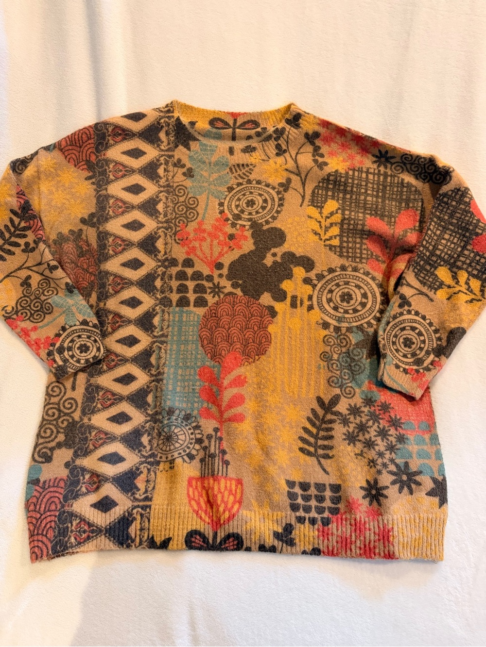Boho Floral Graphic Crewneck Sweater in Mustard Multi size 2XL